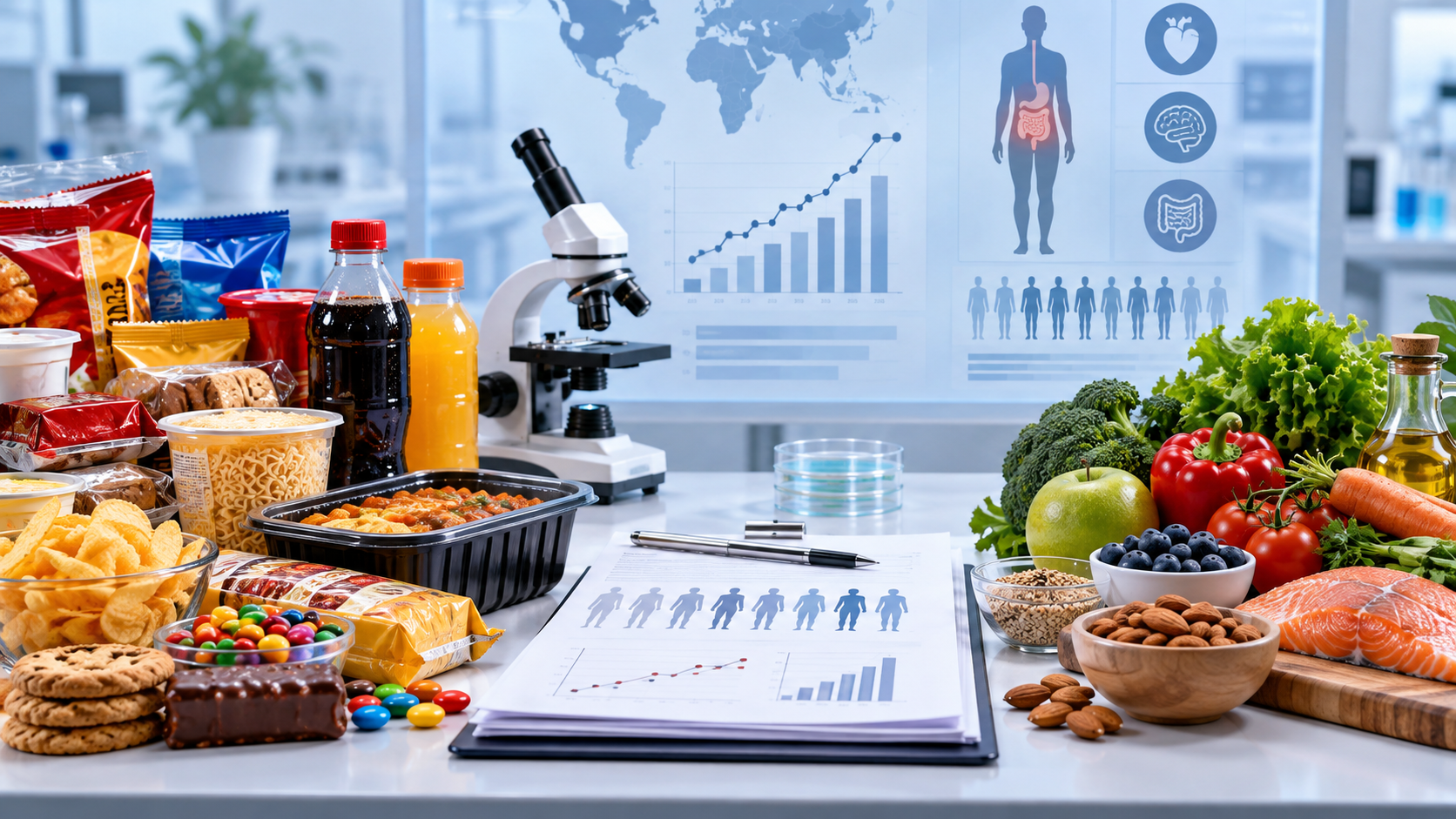 Ilustración editorial de alimentos ultraprocesados, alimentos frescos y material de investigación.