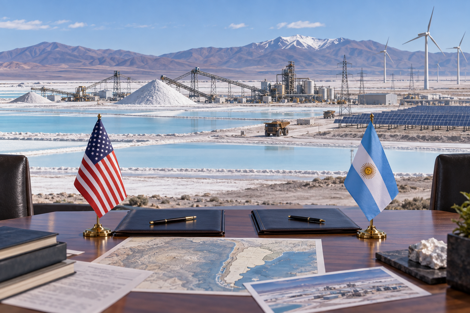 Ilustración editorial de una mesa de acuerdo entre Estados Unidos y Argentina ante instalaciones de minería y energía.