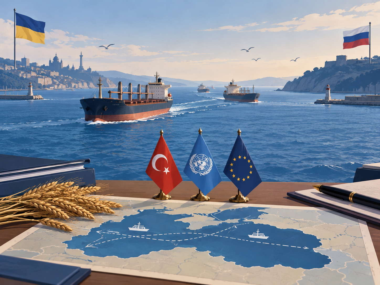 Ilustración editorial de rutas mercantes en el mar Negro y símbolos de negociación.