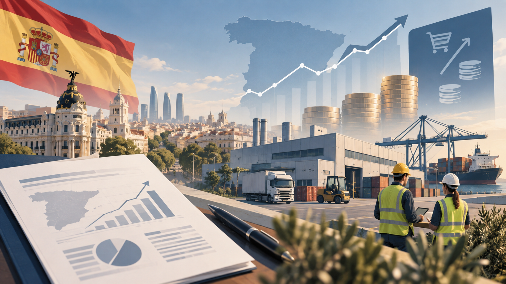 Ilustración editorial sobre las nuevas previsiones de crecimiento e inflación para España.