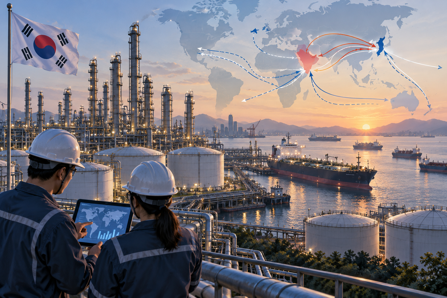 Ilustración editorial de una refinería surcoreana con rutas marítimas de suministro energético.