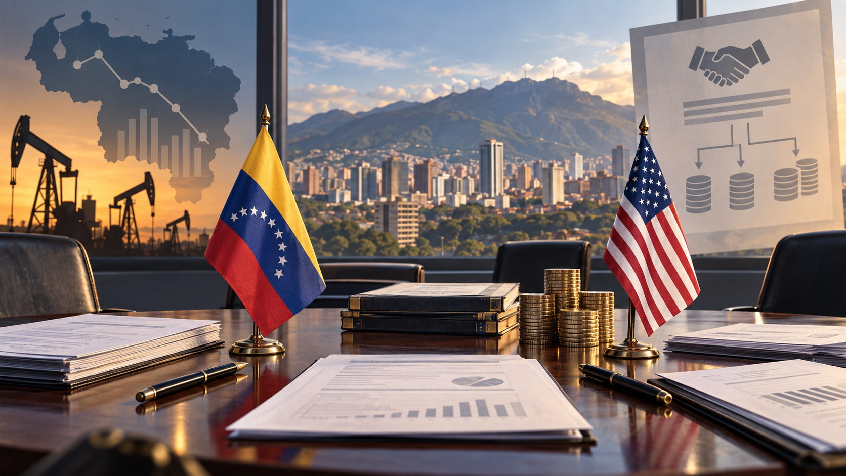 Ilustración editorial de documentos financieros, petróleo y banderas de Venezuela y Estados Unidos.