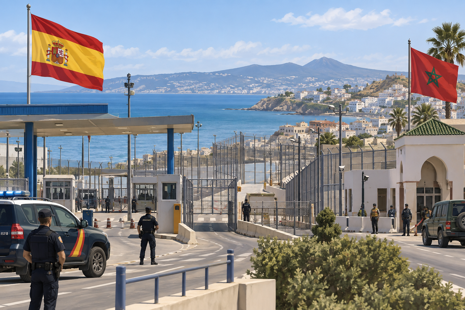 Ilustración editorial de un paso fronterizo costero entre España y Marruecos.