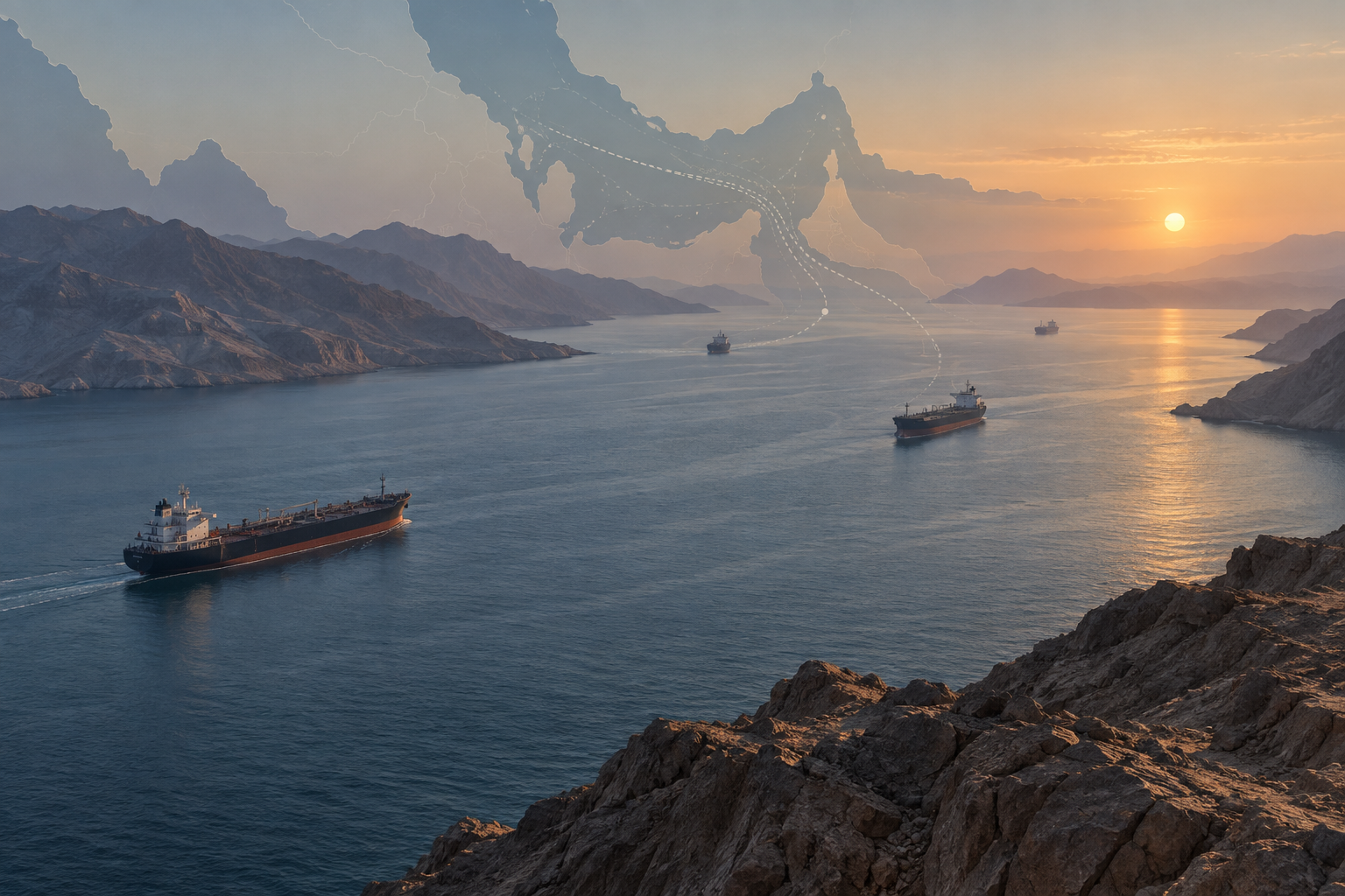 Ilustración editorial del estrecho de Hormuz con varios buques mercantes y rutas marítimas.