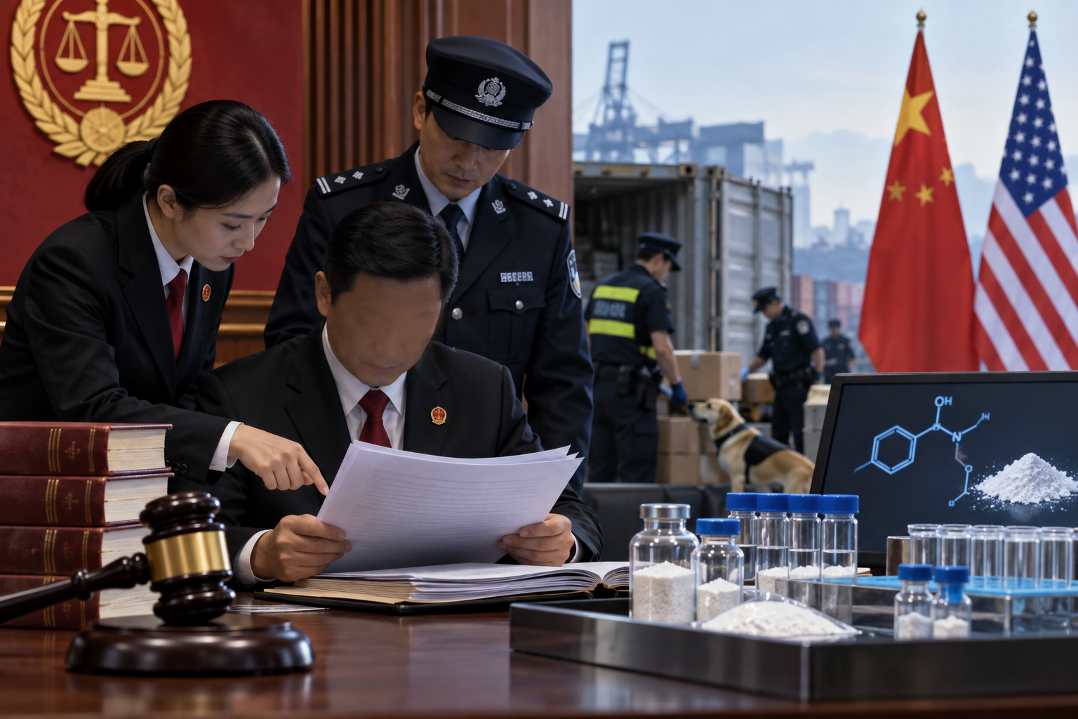 Ilustración editorial sobre directrices judiciales y control de precursores de fentanilo en China.