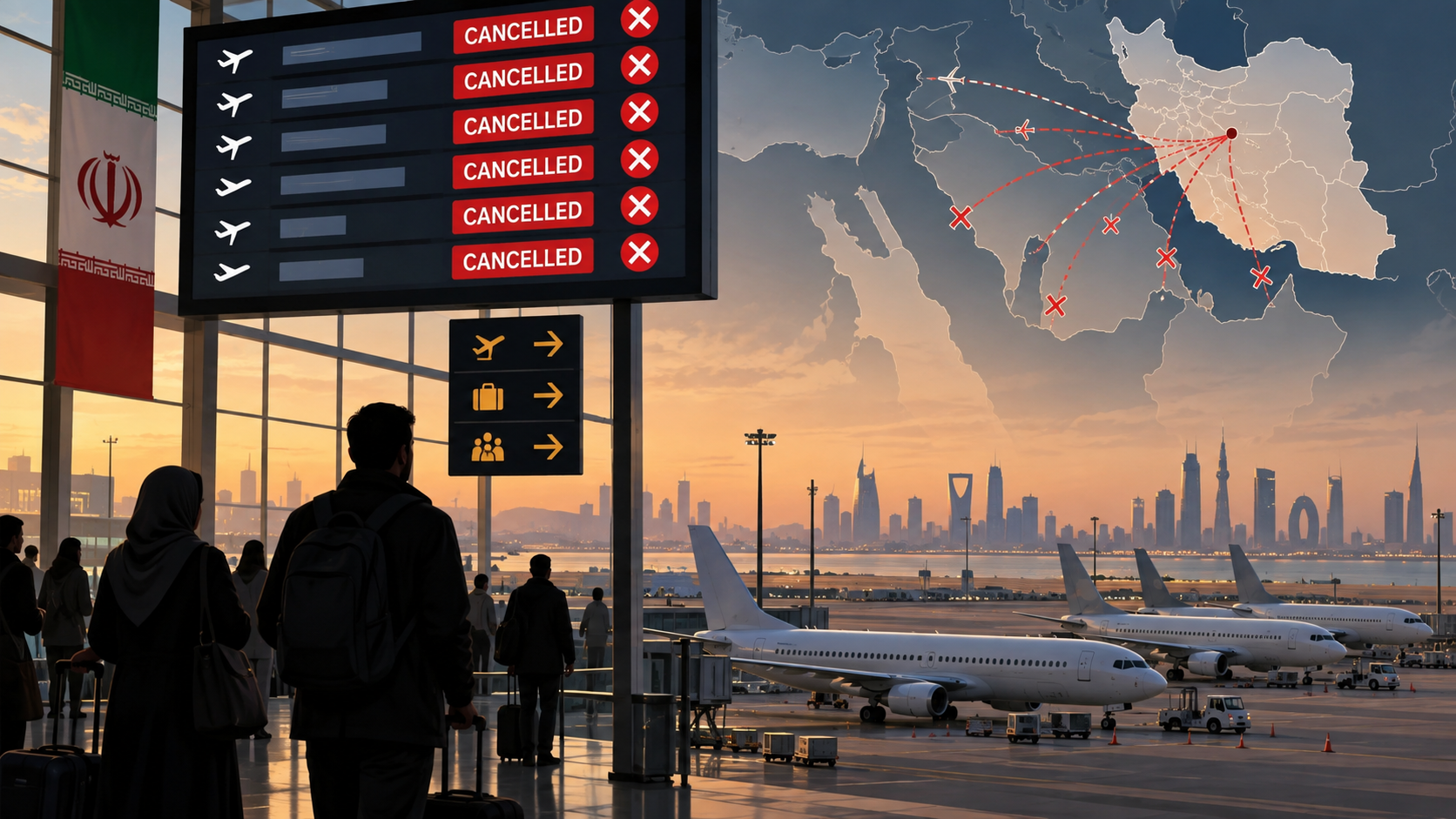 Ilustración editorial sobre la reducción de conexiones internacionales de aerolíneas iraníes tras nuevas sanciones estadounidenses.