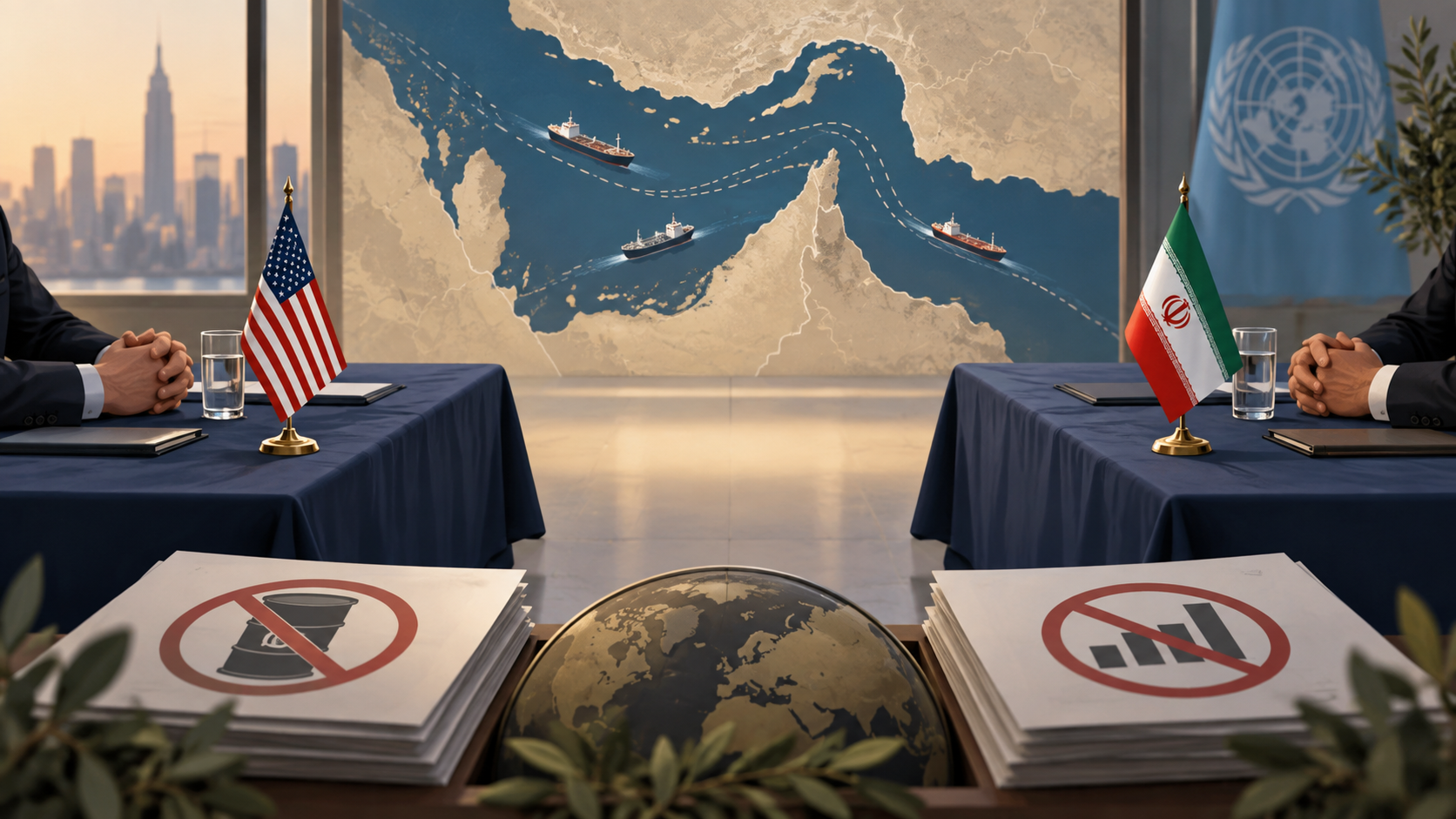 Ilustración editorial sobre conversaciones entre Estados Unidos e Irán en torno al estrecho de Ormuz y las sanciones económicas.