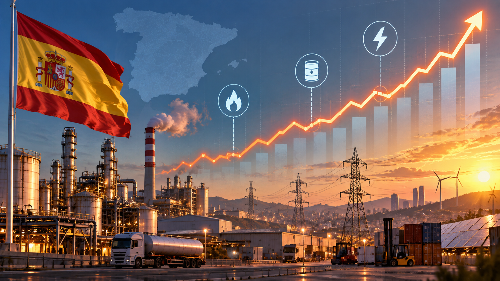 Ilustración editorial de industria, energía y un gráfico ascendente asociado a los precios industriales en España.