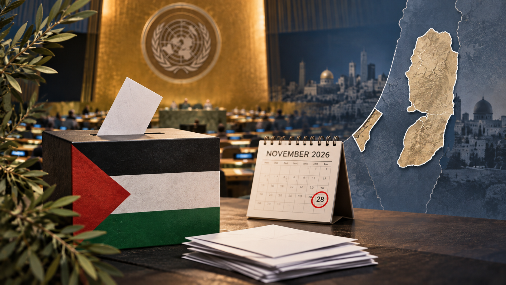 Ilustración editorial sobre las elecciones legislativas palestinas previstas para noviembre de 2026.