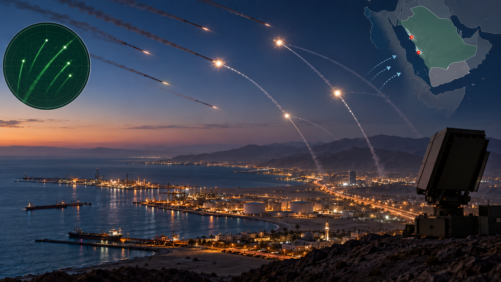 Ilustración editorial sobre las alertas e interceptaciones comunicadas en Arabia Saudí.