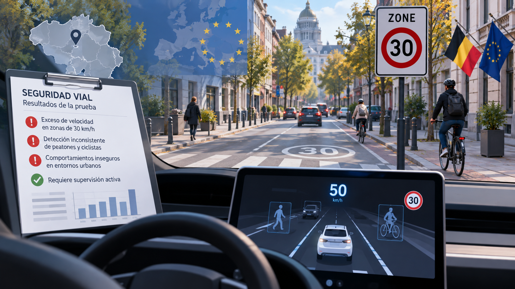 Ilustración editorial sobre una prueba de Tesla FSD supervisado en calles belgas de baja velocidad.