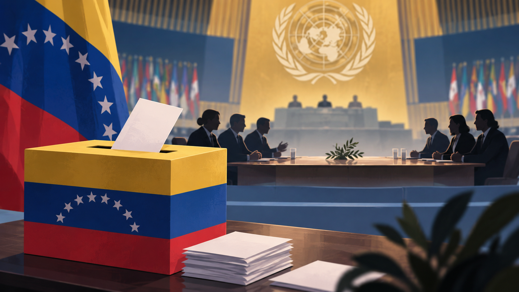 Ilustración editorial sobre el anuncio de futuras elecciones en Venezuela durante la Asamblea General de la ONU.