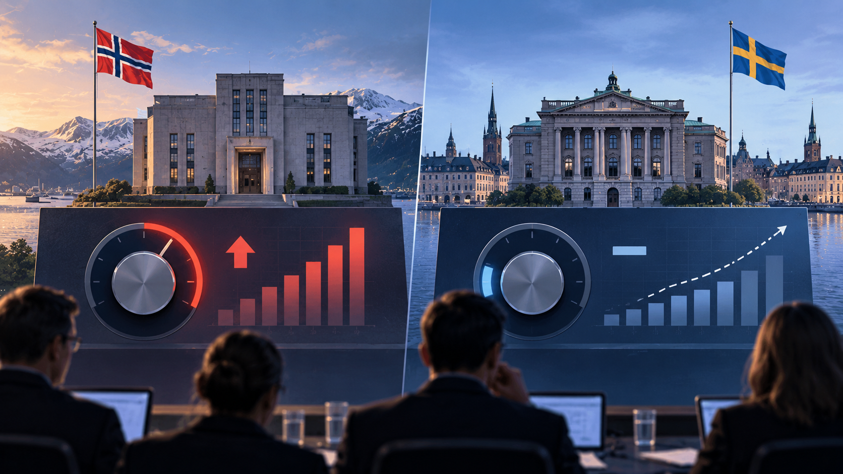 Ilustración editorial sobre las decisiones de tipos de interés en Noruega y Suecia.