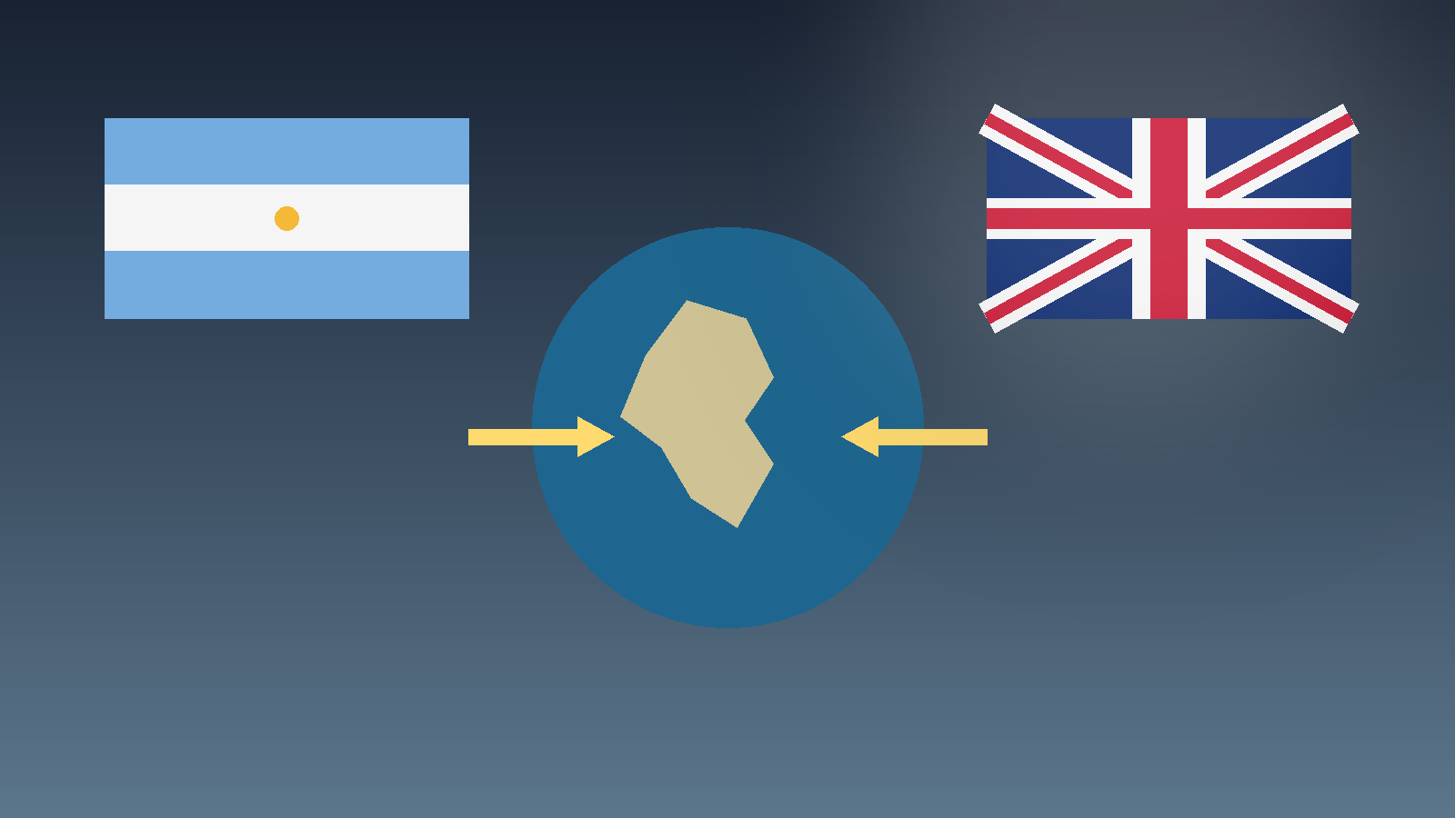 Ilustración editorial sobre la disputa diplomática entre Argentina y Reino Unido por las islas Malvinas/Falkland.