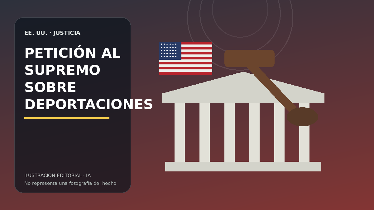 Ilustración editorial del Tribunal Supremo estadounidense y documentos de inmigración.