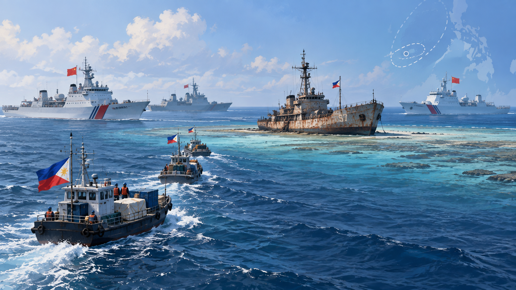 Ilustración editorial generada por IA de buques filipinos y chinos alrededor de un arrecife del mar de China Meridional.