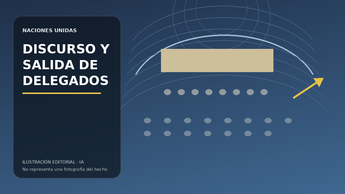 Ilustración editorial sobre una salida de delegados durante un discurso ante una asamblea internacional.
