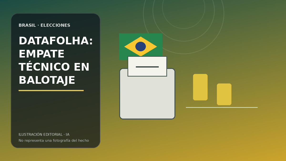 Ilustración editorial de una urna brasileña y un gráfico de sondeo electoral.