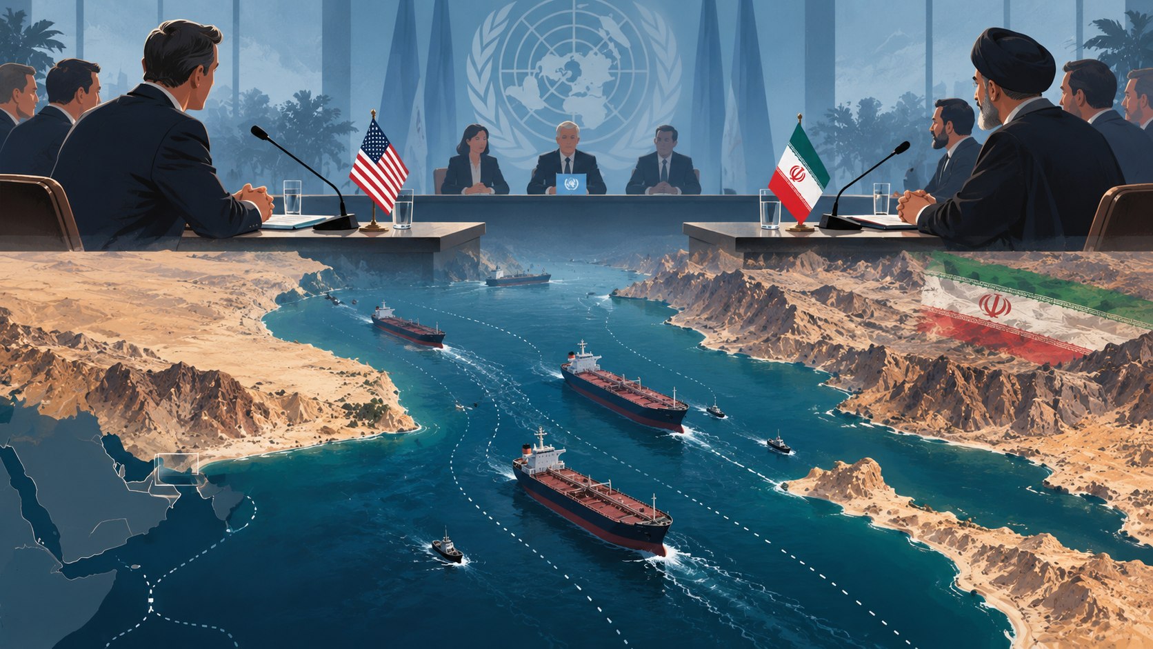 Ilustración editorial generada por IA sobre negociaciones entre Estados Unidos e Irán y el tráfico marítimo por el estrecho de Ormuz.
