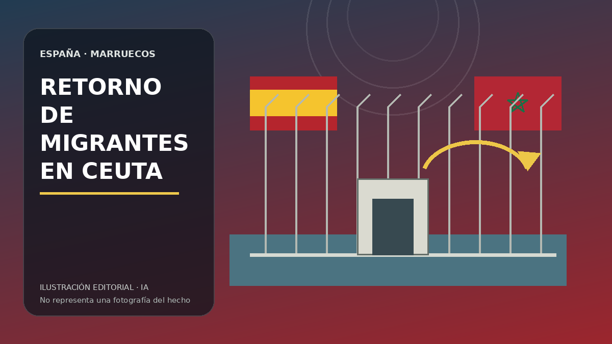 Ilustración editorial de un puesto fronterizo entre Ceuta y Marruecos con controles de seguridad.