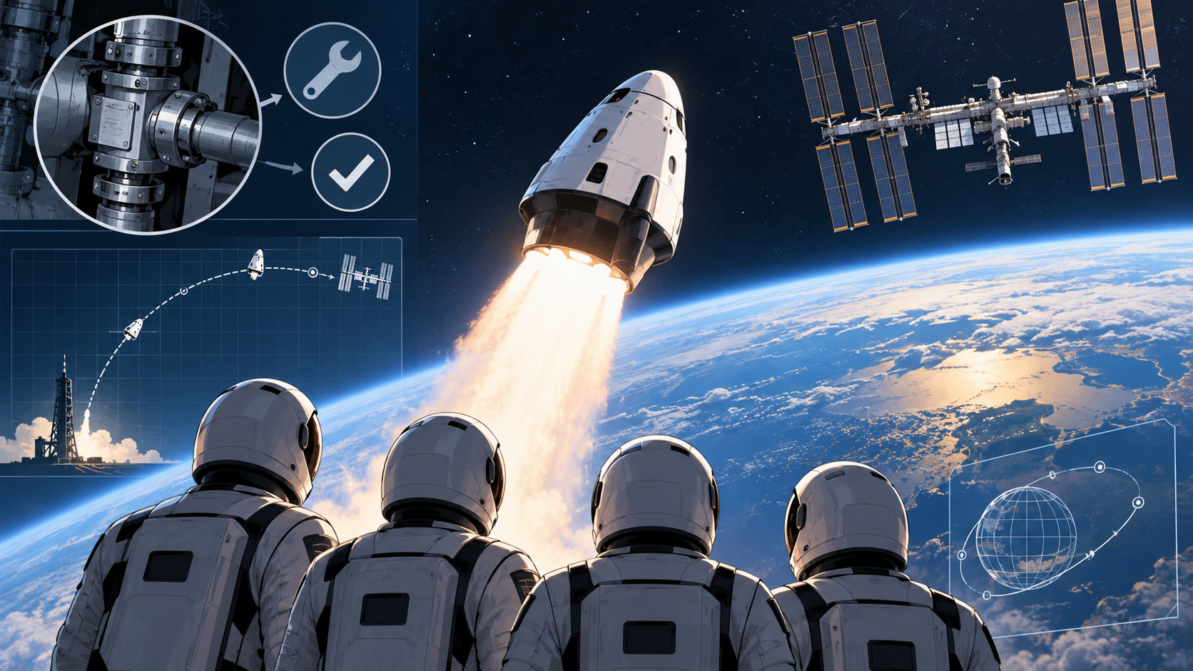 Ilustración editorial generada por IA de una cápsula tripulada rumbo a una estación espacial y una revisión técnica de una válvula.