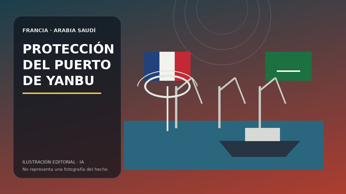 Ilustración editorial de un puerto petrolero del mar Rojo y sistemas defensivos franceses.