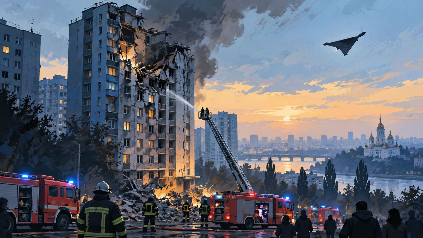 Ilustración editorial generada por IA de un edificio de viviendas dañado y equipos de emergencia tras un ataque con dron en Kyiv.