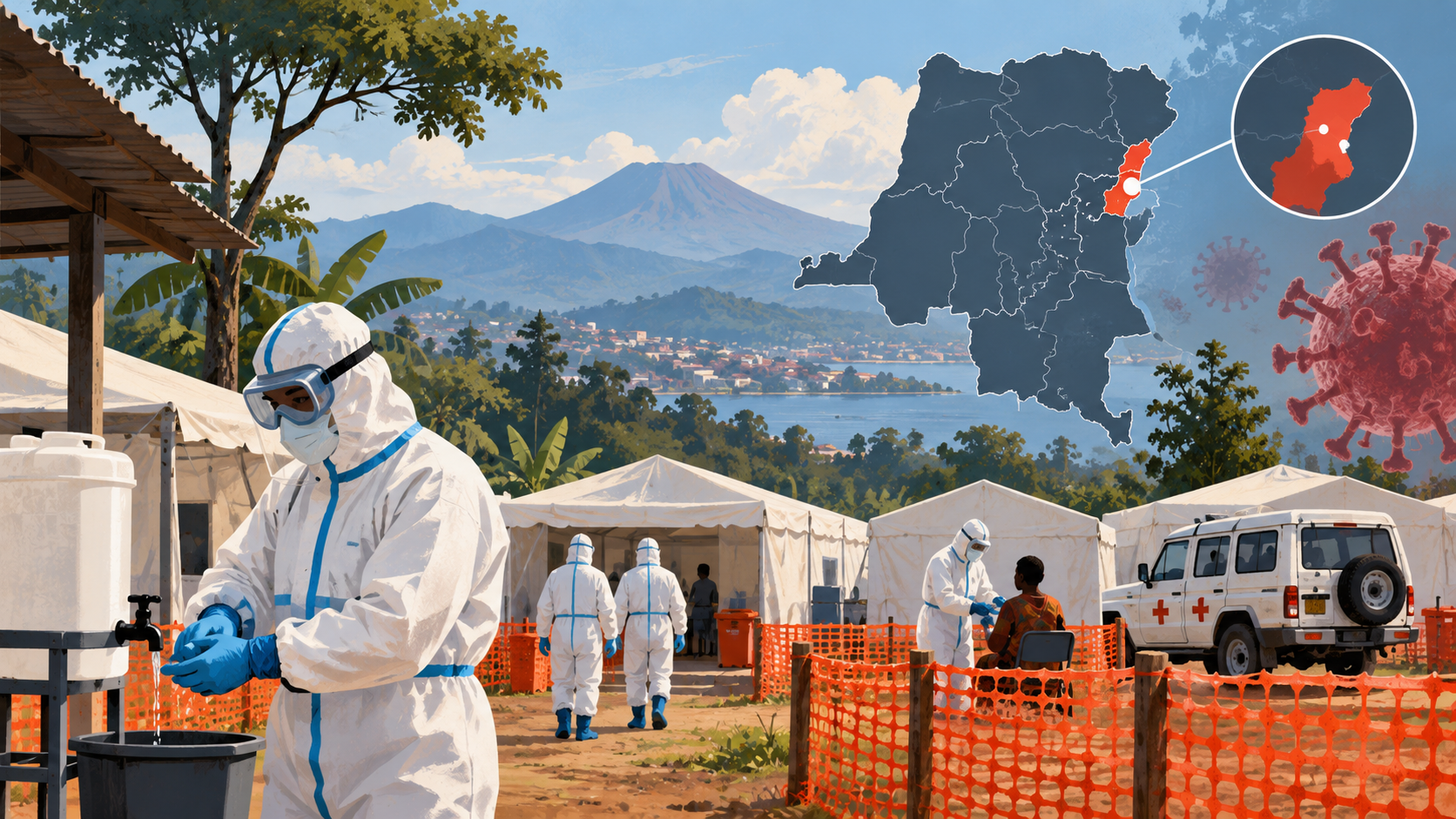 Ilustración editorial generada por IA de un centro de tratamiento de ébola con personal sanitario protegido y un mapa de Kivu del Norte.