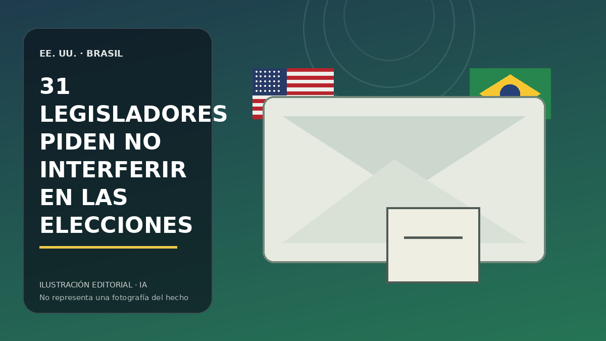 Ilustración editorial de una carta del Congreso de Estados Unidos junto a símbolos electorales de Brasil.