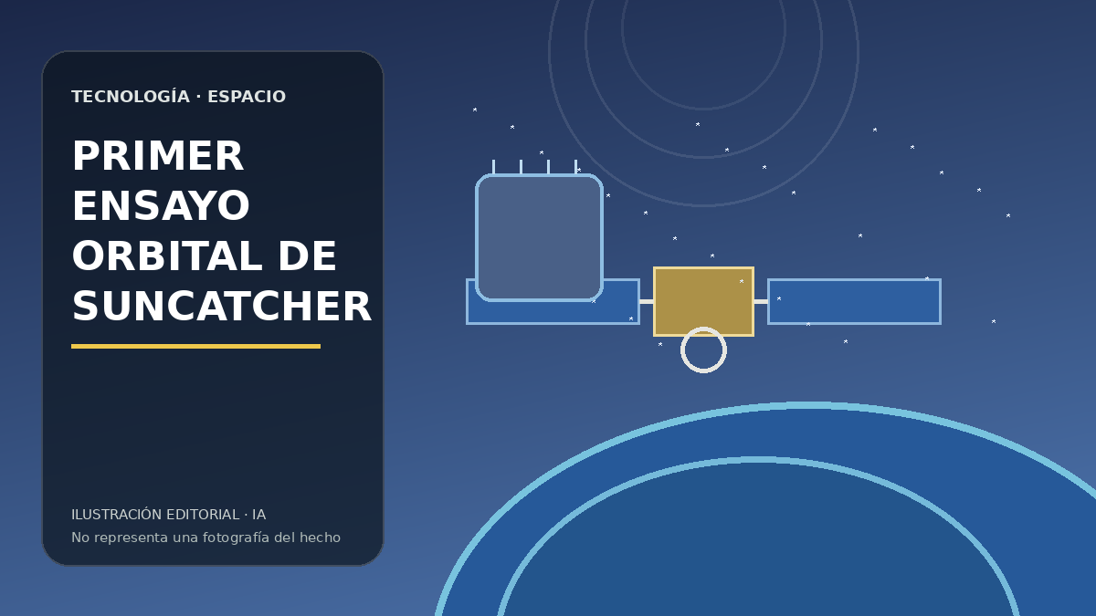 Ilustración editorial de un pequeño satélite con chips de inteligencia artificial en órbita terrestre.