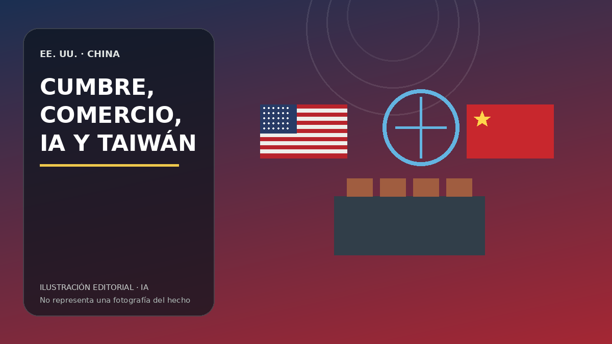 Ilustración editorial generada por IA sobre una cumbre entre Estados Unidos y China en Washington.