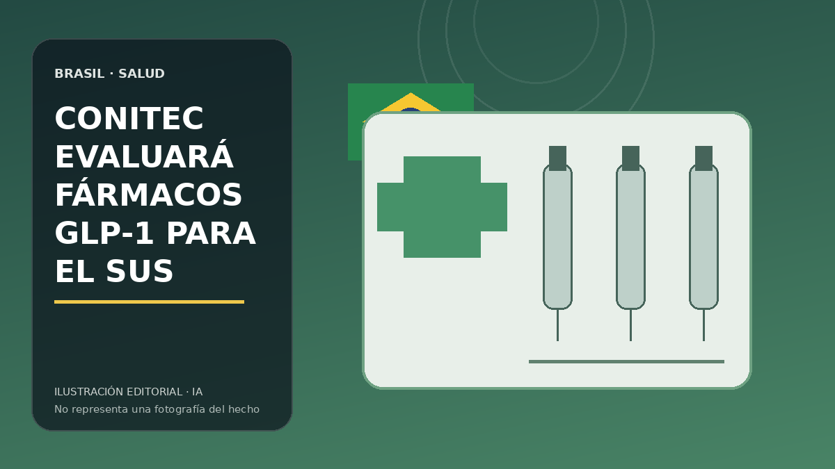 Ilustración editorial de medicamentos inyectables junto a un hospital público brasileño.