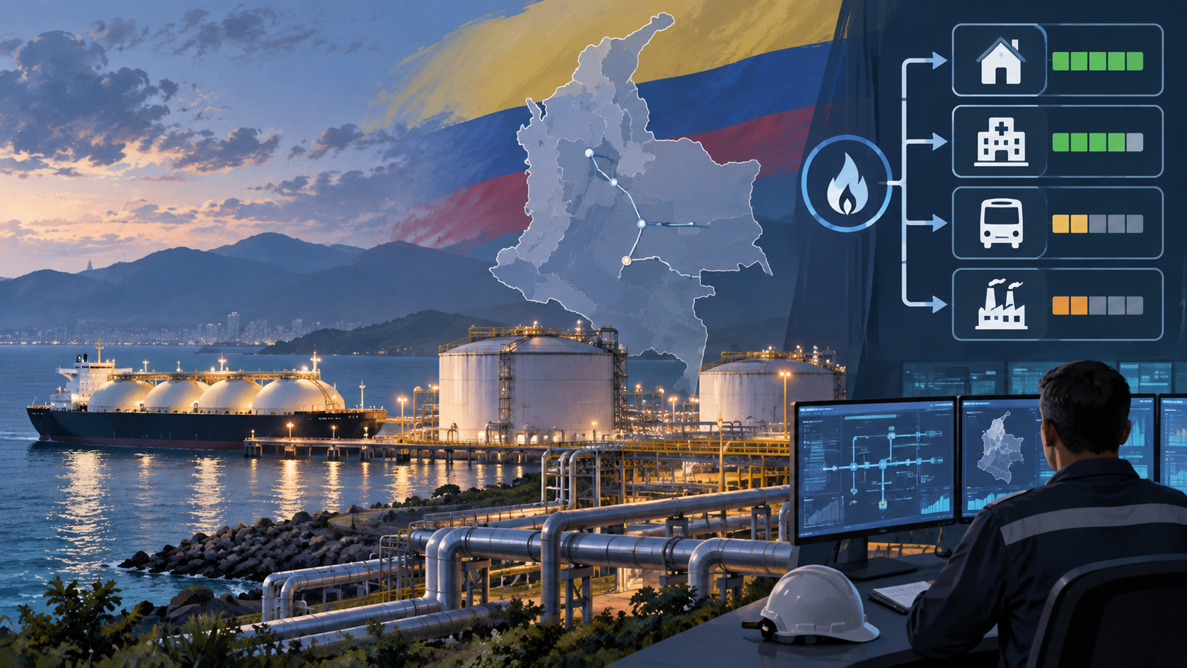 Ilustración editorial generada por IA de una terminal de gas natural licuado, tuberías y prioridades de suministro en Colombia.