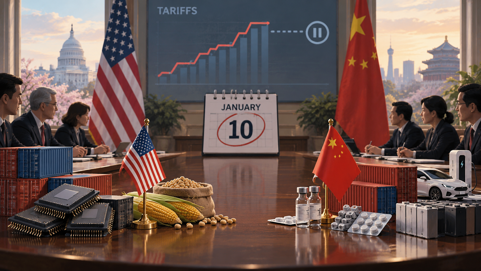 Ilustración editorial generada por IA sobre negociaciones comerciales entre Estados Unidos y China, aranceles y productos estratégicos.