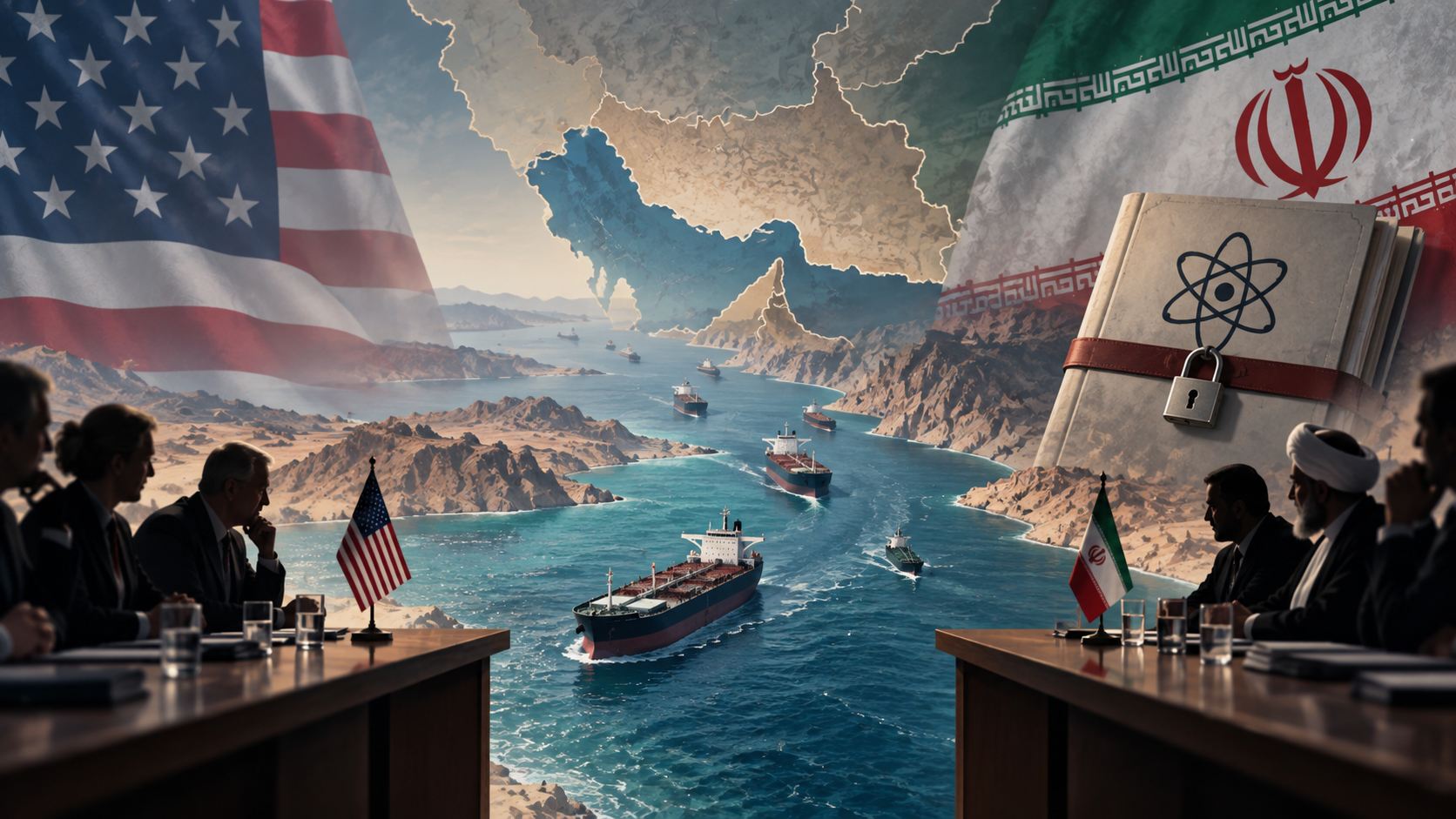 Ilustración editorial generada por IA sobre negociaciones entre Estados Unidos e Irán, el estrecho de Ormuz y la cuestión nuclear.