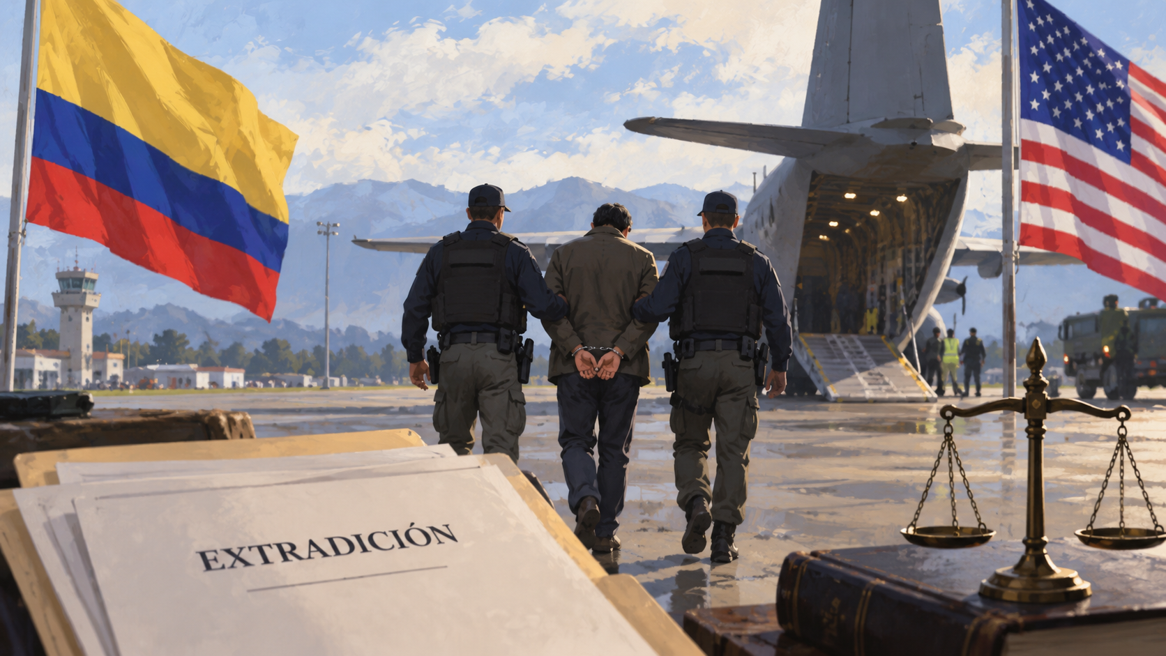 Ilustración editorial generada por IA de una extradición desde Colombia hacia Estados Unidos en una base aérea.