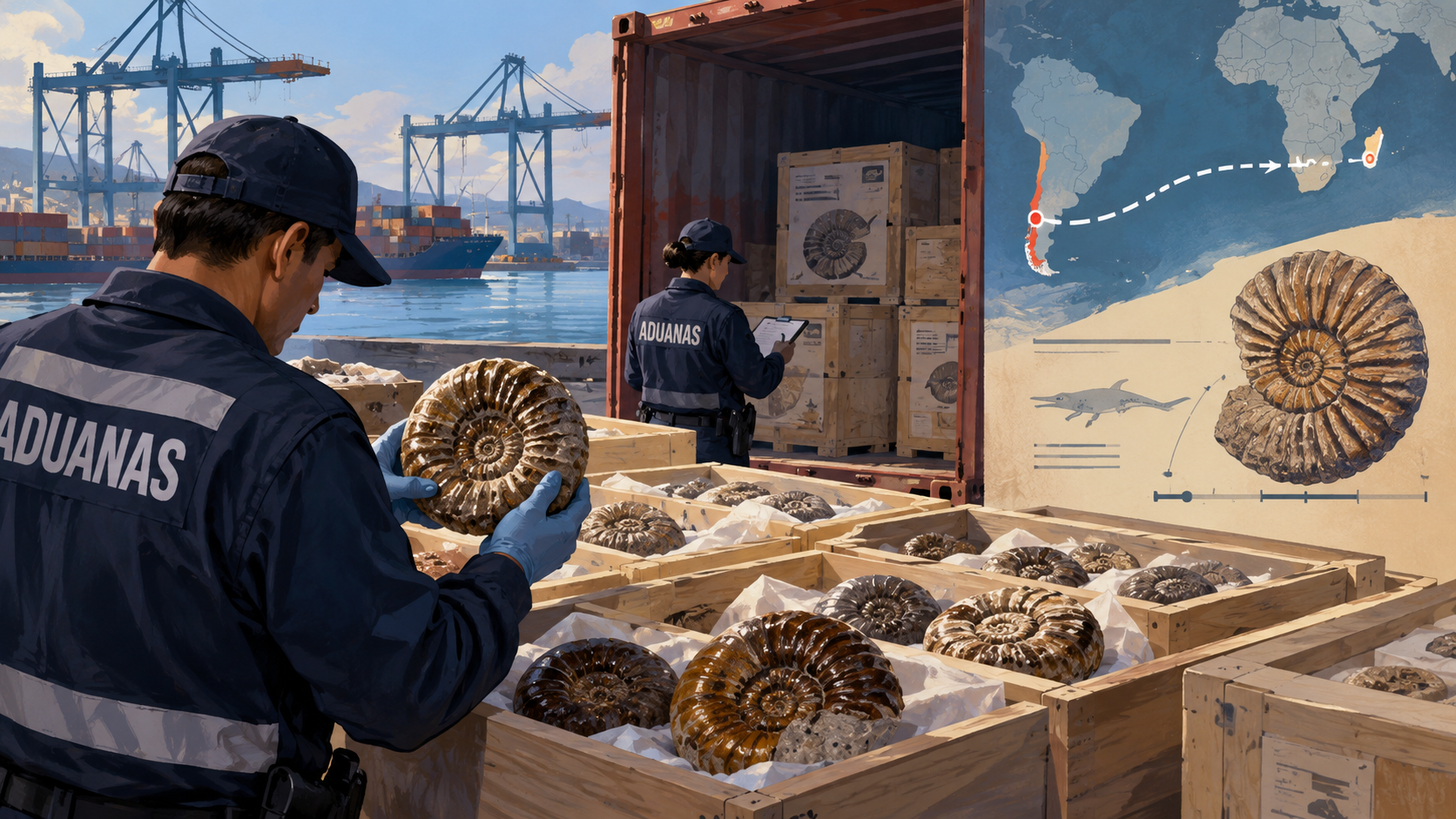 Ilustración editorial generada por IA de agentes de aduanas inspeccionando cajas con fósiles de ammonites en un puerto chileno.