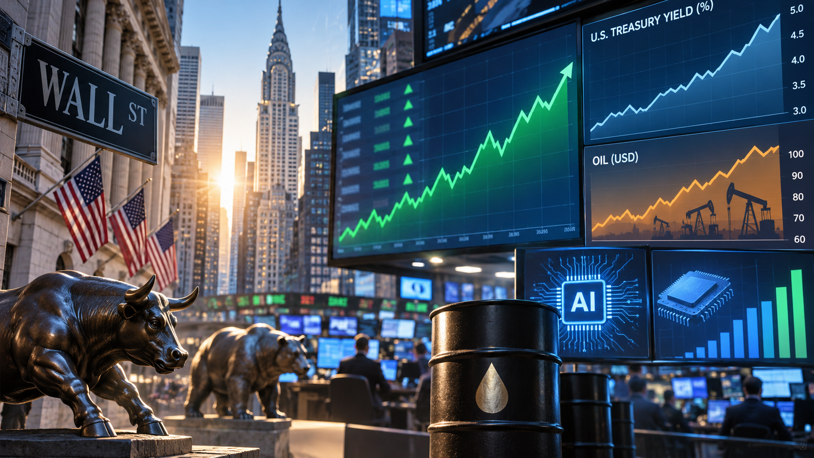 Ilustración editorial generada por IA de Wall Street con gráficos de bolsa, rentabilidades de bonos, petróleo y empresas tecnológicas.