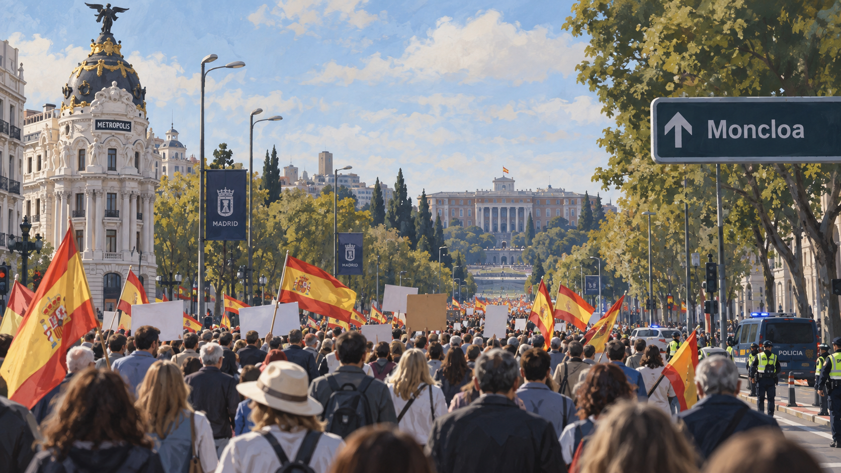Ilustración editorial generada por IA de una marcha cívica por el centro de Madrid con banderas españolas.