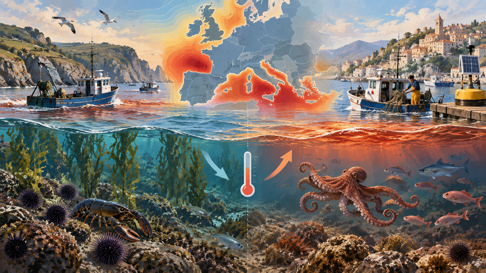 Ilustración editorial generada por IA sobre temperaturas marinas anómalas en aguas europeas y sus posibles efectos ecológicos.
