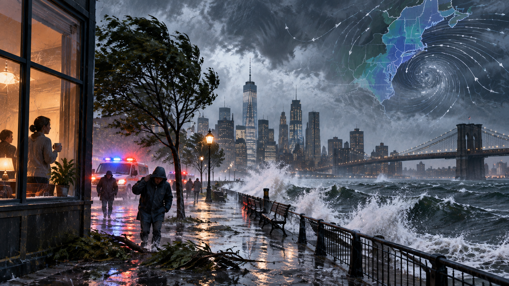 Ilustración editorial generada por IA de un temporal costero con viento, oleaje e inundaciones en una ciudad del noreste de Estados Unidos.