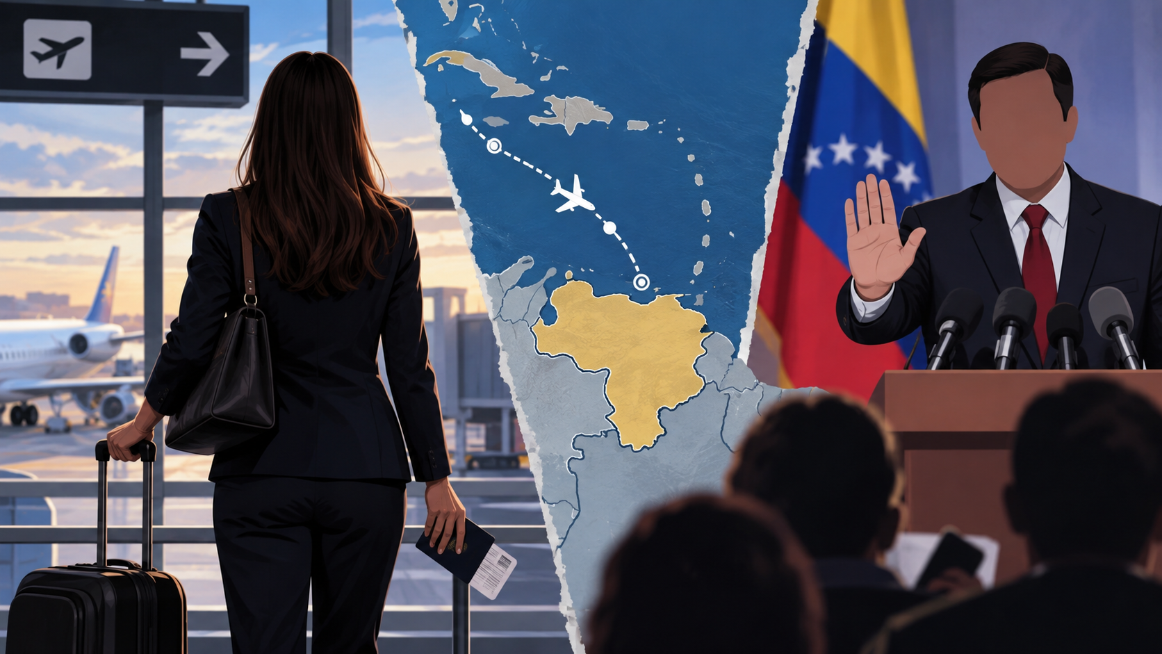 Ilustración editorial generada por IA de una viajera en un aeropuerto, una ruta hacia Venezuela y una comparecencia política.