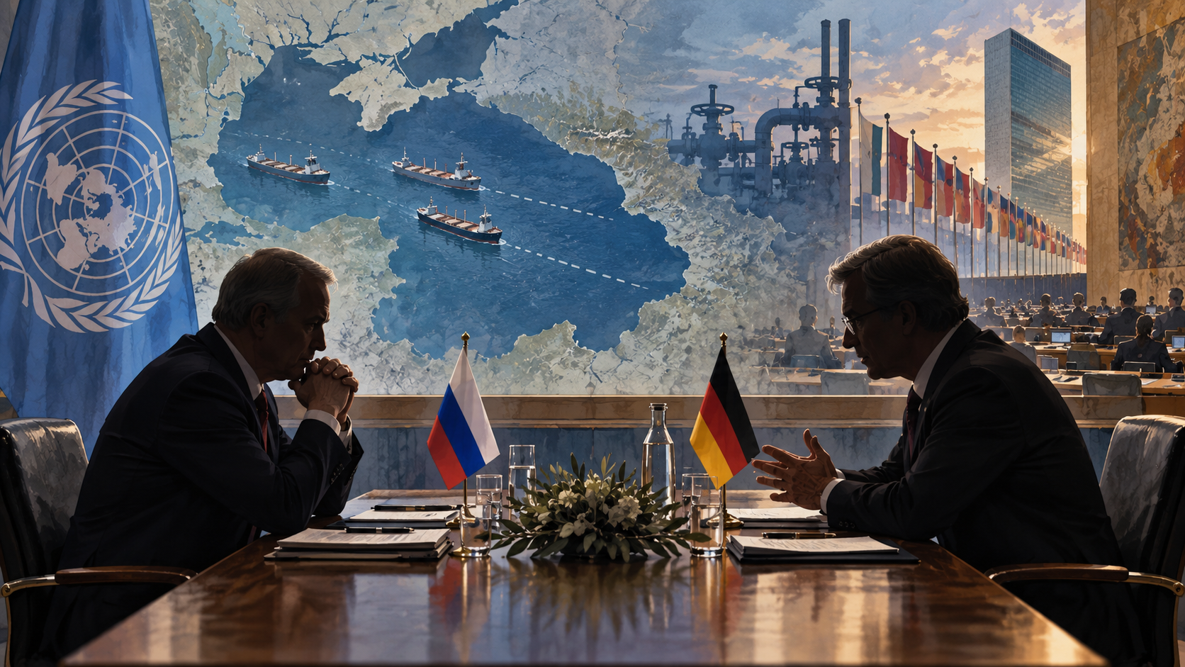 Ilustración editorial generada por IA sobre una reunión diplomática entre Rusia y Alemania en Naciones Unidas.