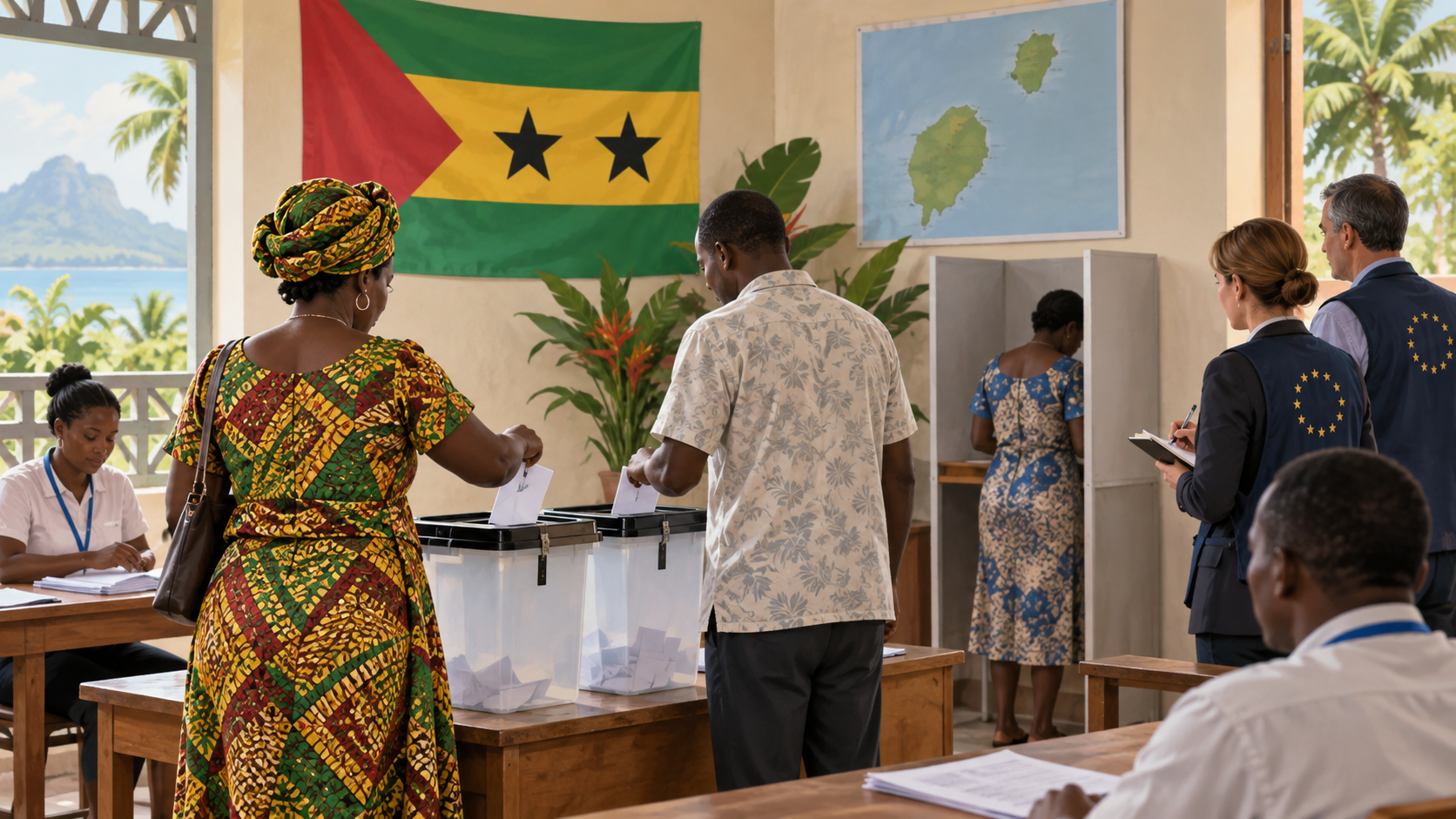 Ilustración editorial generada por IA sobre una jornada electoral en São Tomé y Príncipe.
