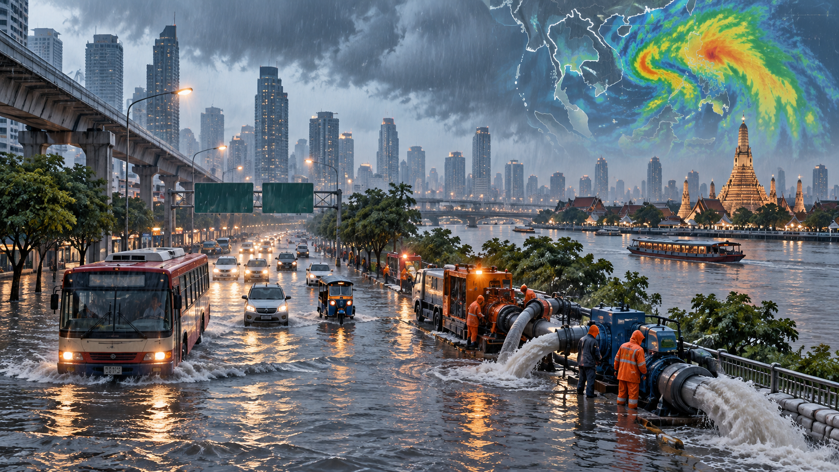 Ilustración editorial generada por IA sobre inundaciones urbanas y respuesta de emergencia en Bangkok.