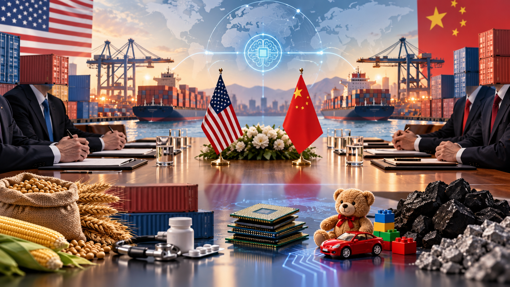 Ilustración editorial generada por IA sobre los acuerdos comerciales y de inteligencia artificial entre Estados Unidos y China.