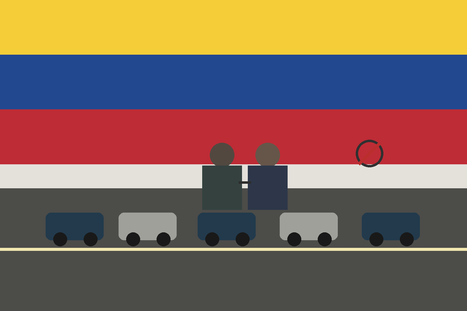 Ilustración editorial generada por IA de una caravana política y una detención simbólica en Venezuela.