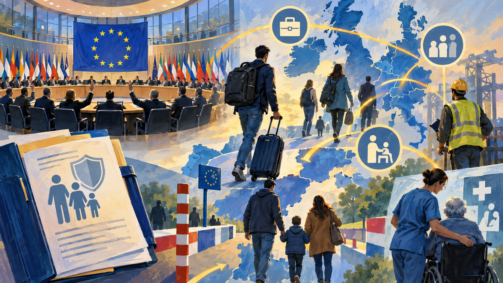 Ilustración editorial generada por IA sobre movilidad laboral y coordinación de prestaciones sociales en la Unión Europea.