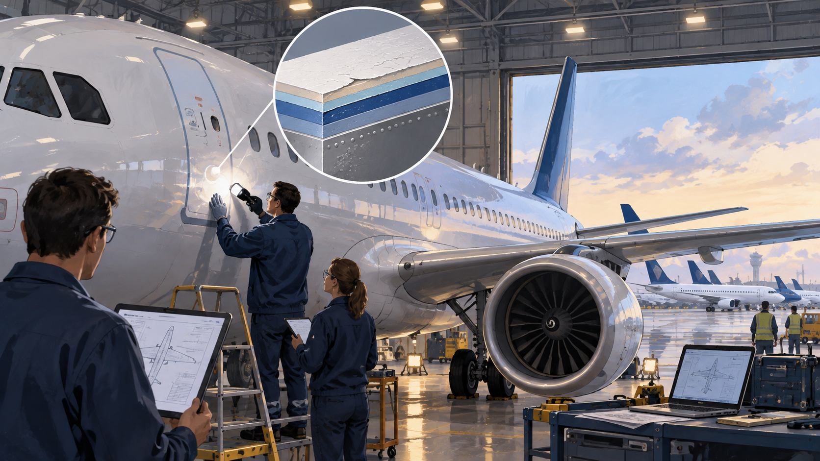 Ilustración editorial generada por IA de técnicos inspeccionando el recubrimiento de un avión comercial en un hangar.