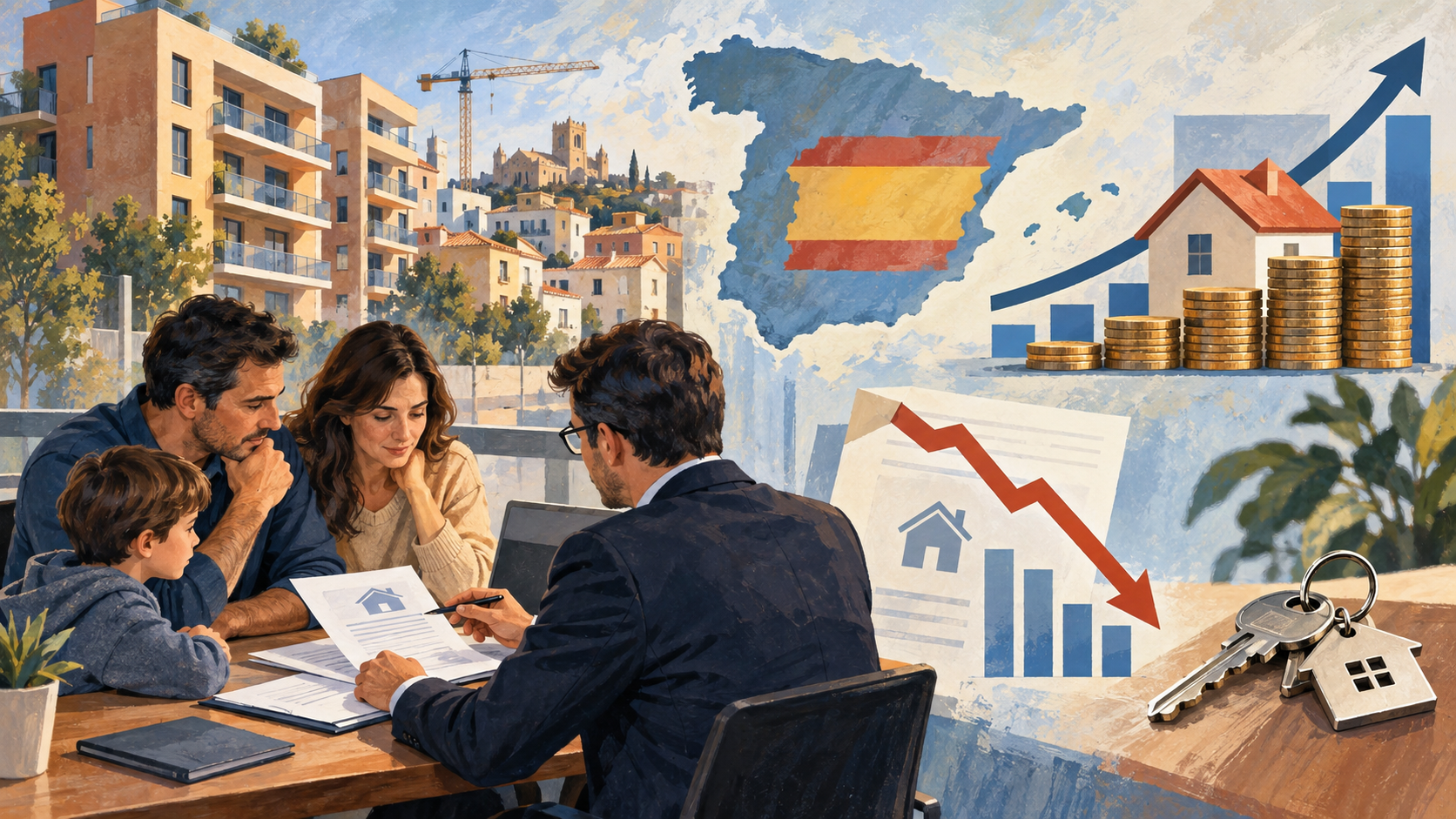 Ilustración editorial generada por IA sobre hipotecas, vivienda y financiación residencial en España.